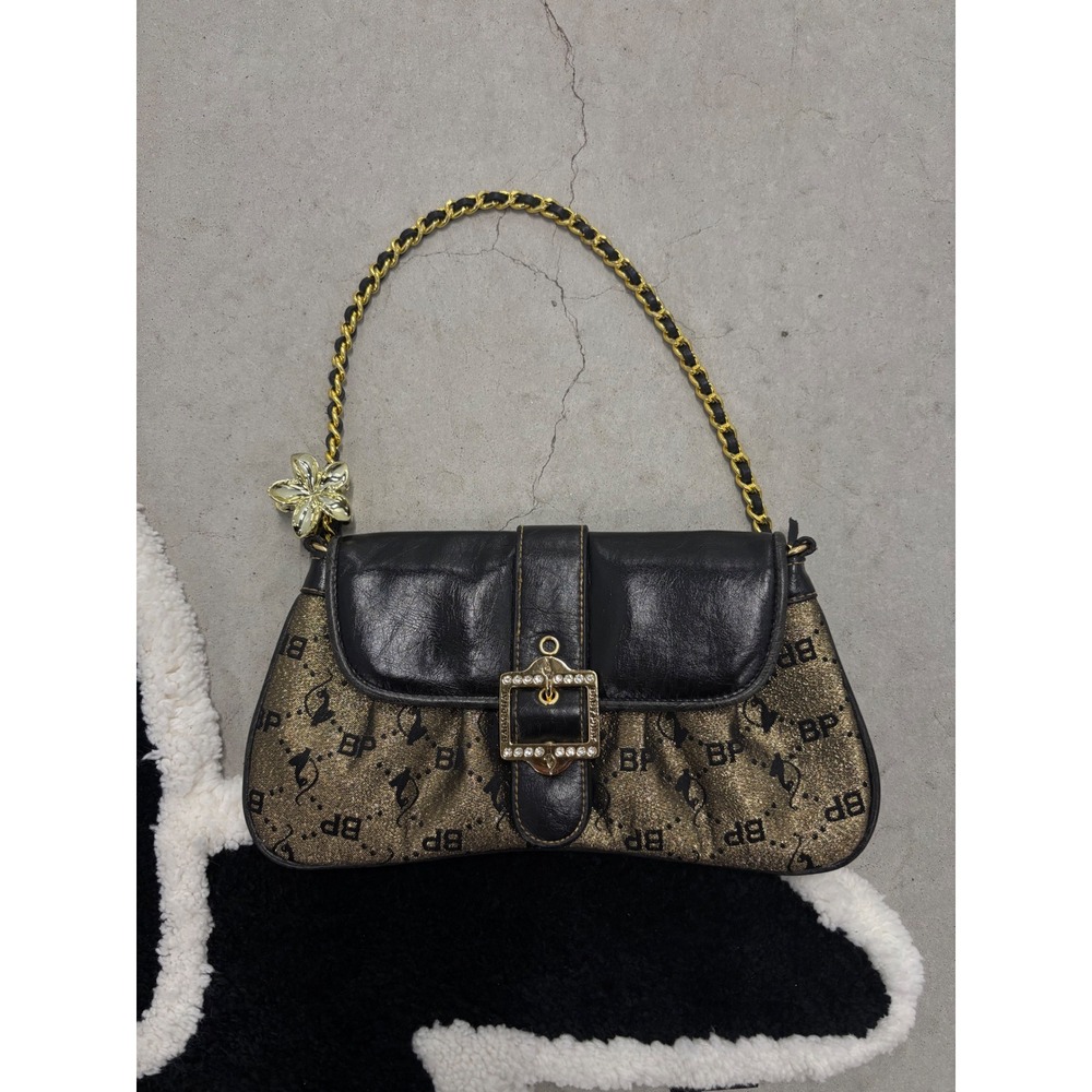 Baby Phat Vintage Y2K Monogram Shoulder Bag Gold Black Rhinestone Cat Logo Bag
